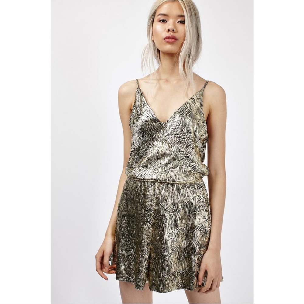NWT Topshop Gold Leaf Plisse Playsuit